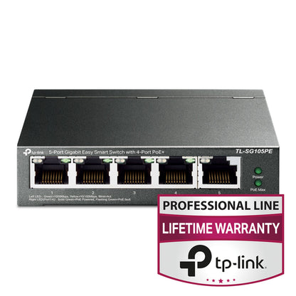TP-Link TL-SG105PE 5-port PoE+ gigabit switch, front, med Professional Line Lifetime Warranty badge nederst til højre.