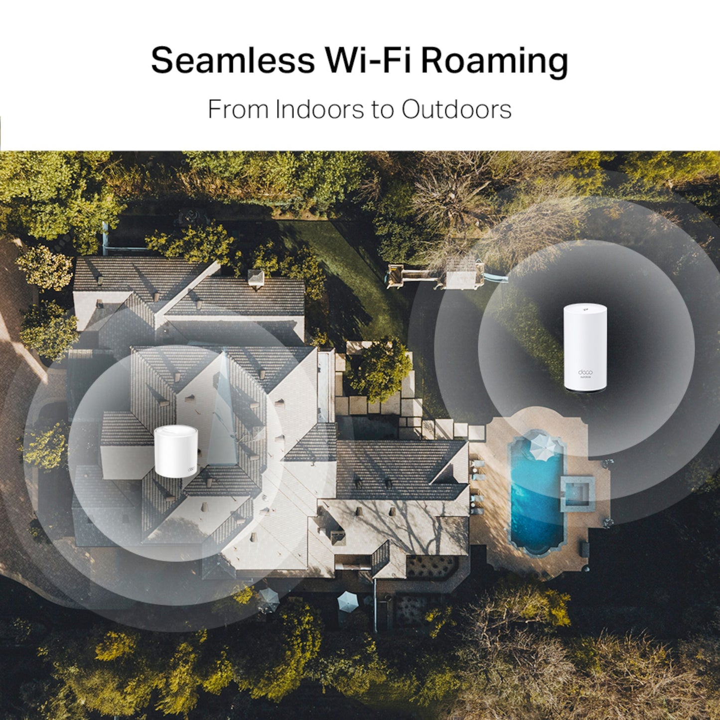 Tp-Link Deco X50-Outdoor PoE AX3000 Mesh Wi-Fi 6 router ved pool, mesh dækning hele ejendommen, to synlige routere.