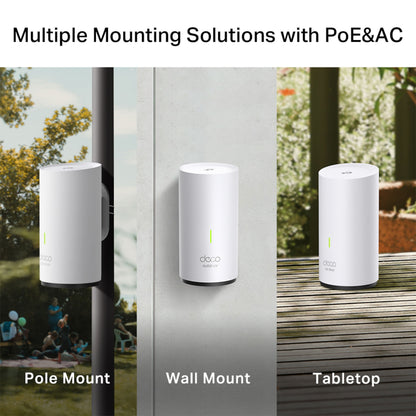 Deco X50-Outdoor PoE AX3000 Mesh påmonteret stolpe, væg og træbord Wi-Fi 6 adgangspunkt forskellige monteringsmuligheder.