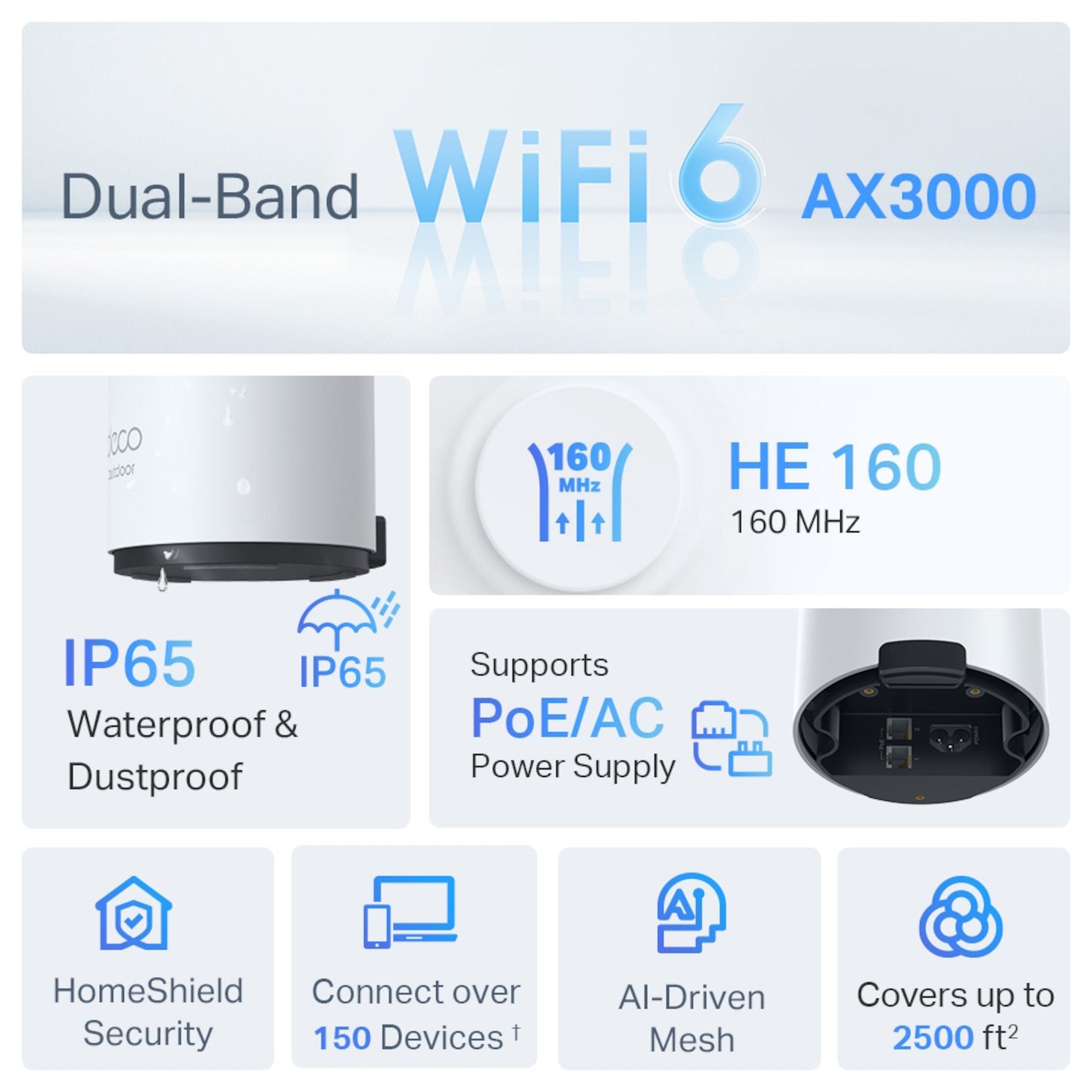 TP-Link Deco X50-Outdoor PoE AX3000 Mesh, IP65, Wi-Fi 6, PoE/AC strøm, HomeShield, AI mesh, op til 2500 sq ft.