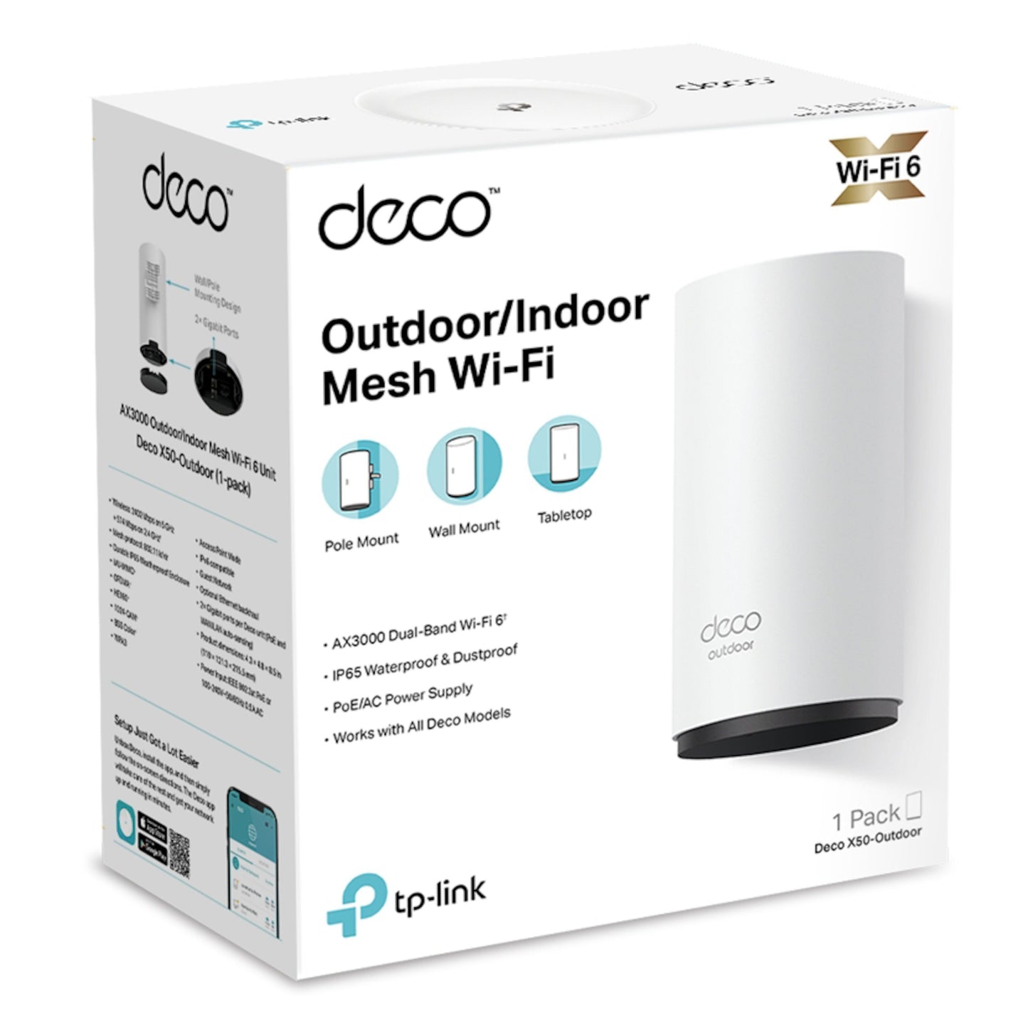 TP-Link Deco X50-Outdoor PoE AX3000 Mesh Wi-Fi 6 står på æsken med monteringsmuligheder og produktinfo i blå og sort tekst.