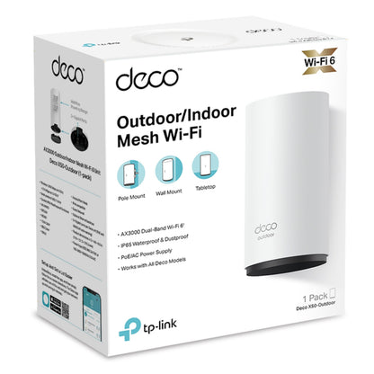 TP-Link Deco X50-Outdoor PoE AX3000 Mesh Wi-Fi 6 står på æsken med monteringsmuligheder og produktinfo i blå og sort tekst.