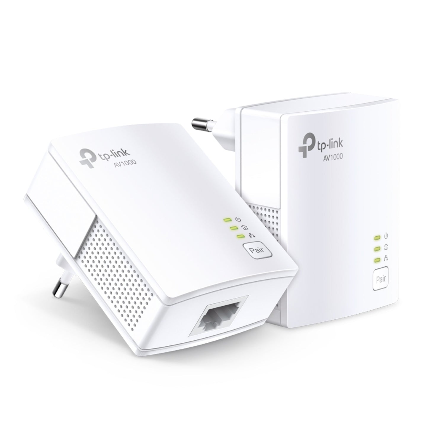TP-Link TL-PA7017 KIT Homeplug 1 Gb/s 2-pakke med to adaptere, LED-indikatorer og Ethernet-porte.