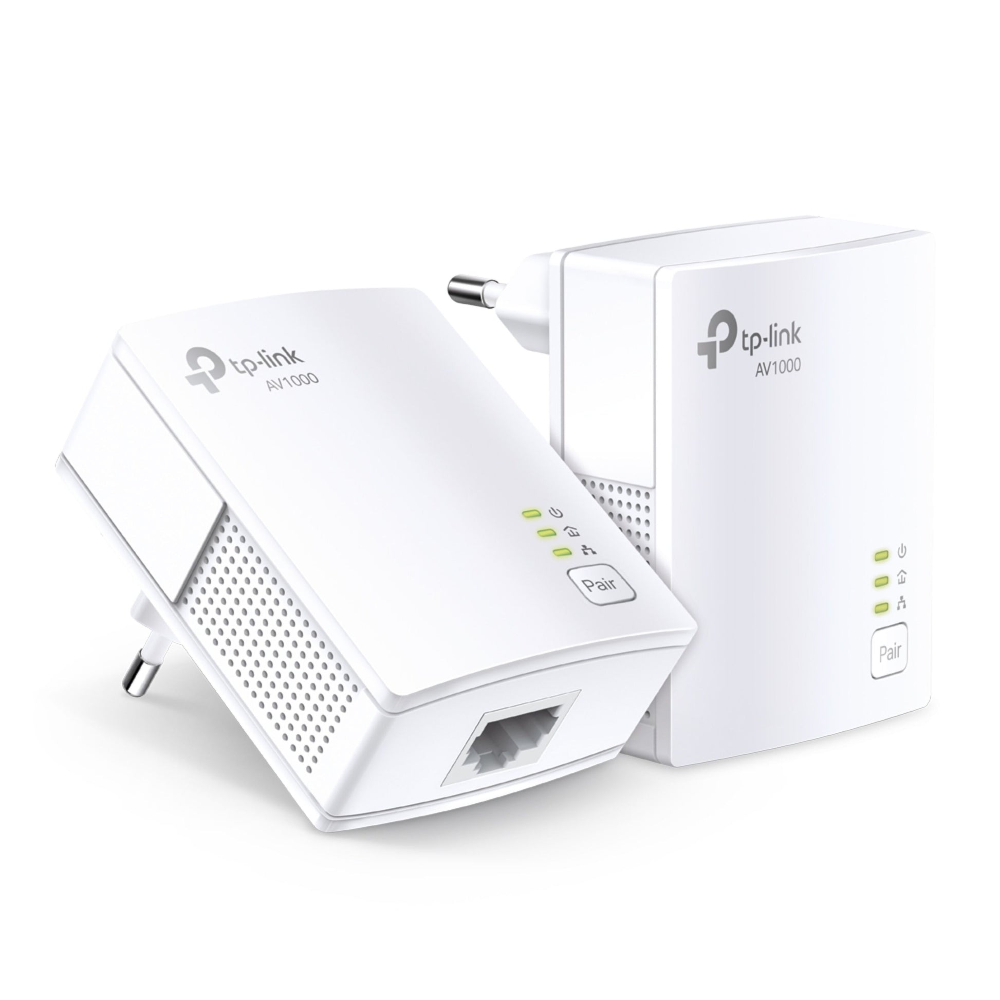 TP-Link TL-PA7017 KIT Homeplug 1 Gb/s 2-pakke med to adaptere, LED-indikatorer og Ethernet-porte.