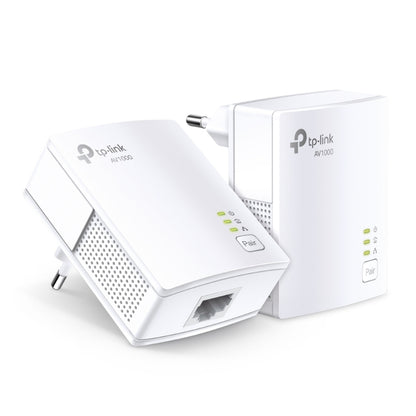 TP-Link TL-PA7017 KIT Homeplug 1 Gb/s 2-pakke med to adaptere, LED-indikatorer og Ethernet-porte.