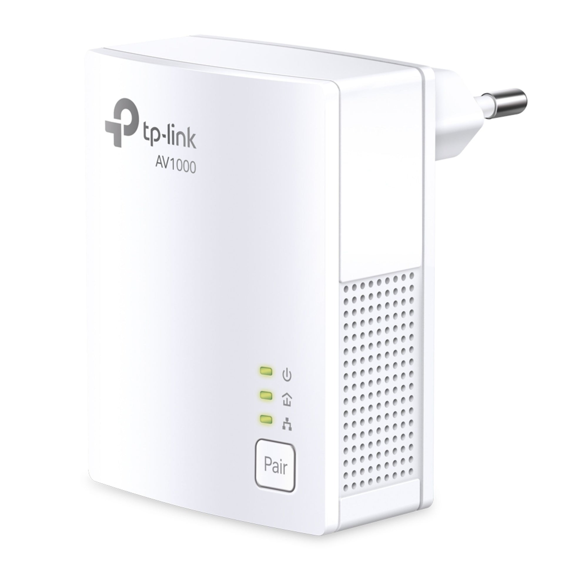 TP-Link TL-PA7017 KIT Homeplug 1 Gb/s 2-pakke med tre LED-indikatorer, ventilationshuller, Pair-knap og stikprop.