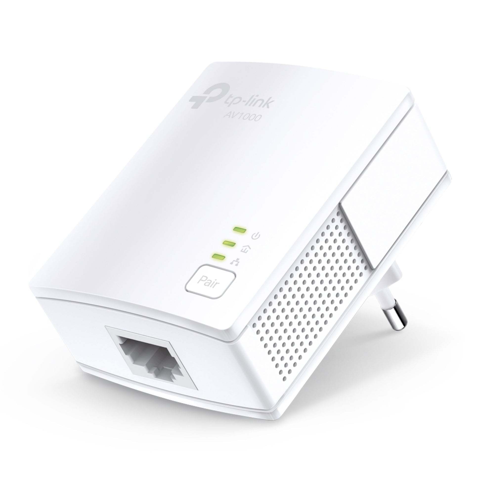 TP-Link TL-PA7017 KIT Homeplug 1 Gb/s 2-pak, Ethernet-port, tre LED-indikatorer, Pair-knap, direkte i stikkontakt.