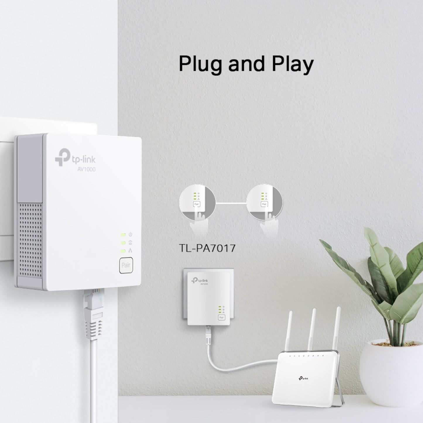 TP-Link TL-PA7017 KIT Homeplug 1 Gb/s adaptere, 2-pak, tilsluttet via Ethernet, tekst Plug and Play på adapter.