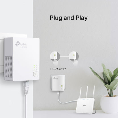 TP-Link TL-PA7017 KIT Homeplug 1 Gb/s adaptere, 2-pak, tilsluttet via Ethernet, tekst Plug and Play på adapter.