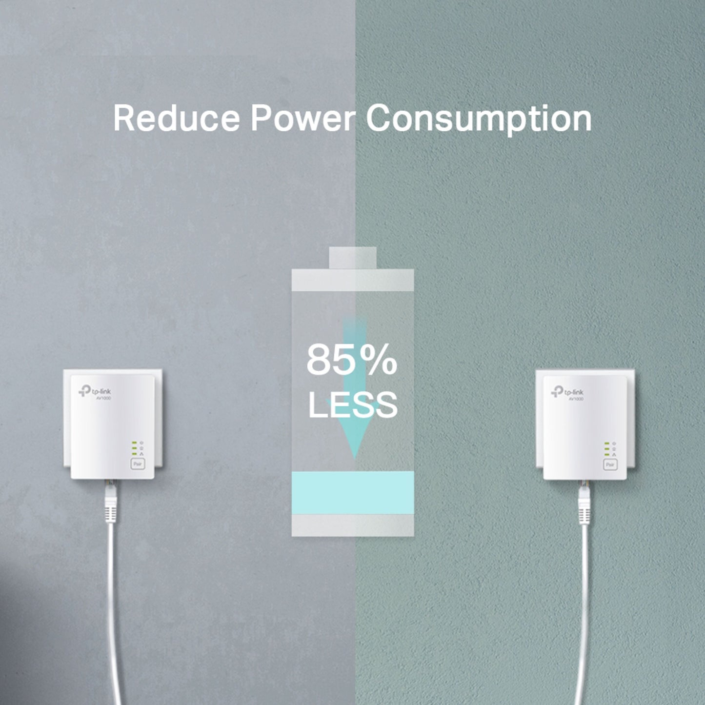 TP-Link TL-PA7017 KIT Homeplug adaptere 1 Gb/s hvid med "Reduce Power Consumption" og batteriikon 85 LESS.