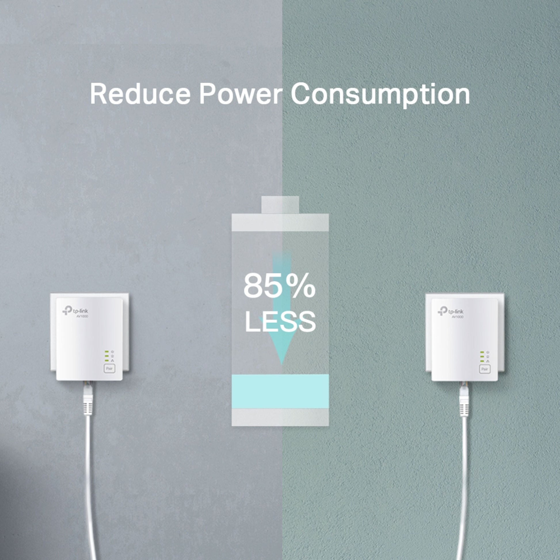 TP-Link TL-PA7017 KIT Homeplug adaptere 1 Gb/s hvid med "Reduce Power Consumption" og batteriikon 85 LESS.