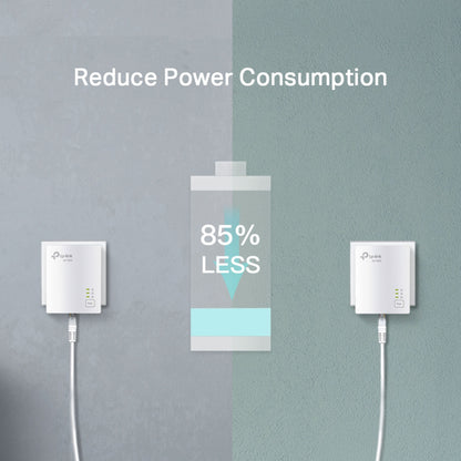 TP-Link TL-PA7017 KIT Homeplug adaptere 1 Gb/s hvid med "Reduce Power Consumption" og batteriikon 85 LESS.
