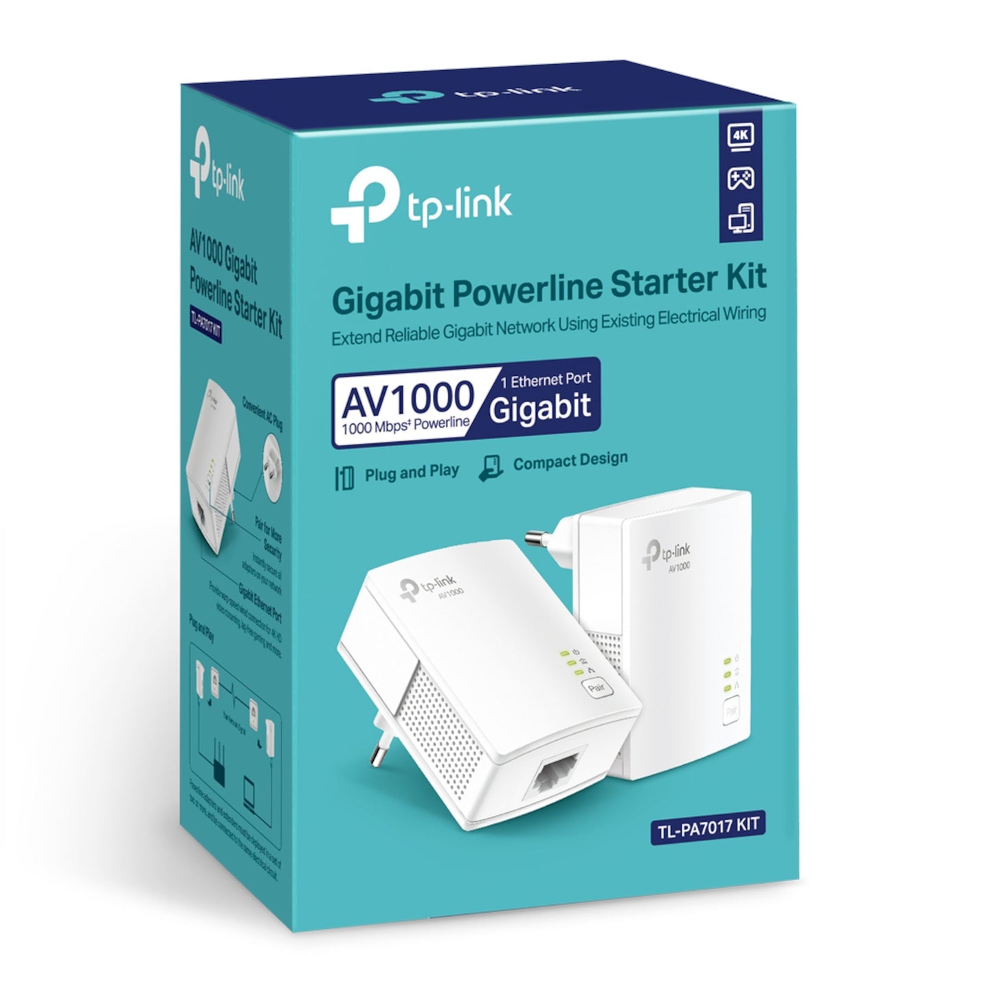 TP-Link TL-PA7017 KIT Homeplug 1 Gb/s 2-pakke teal/hvid, AV1000 gigabit, 1 Ethernet-port, model TL-PA7017 KIT.