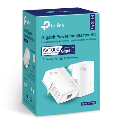 TP-Link TL-PA7017 KIT Homeplug 1 Gb/s 2-pakke teal/hvid, AV1000 gigabit, 1 Ethernet-port, model TL-PA7017 KIT.