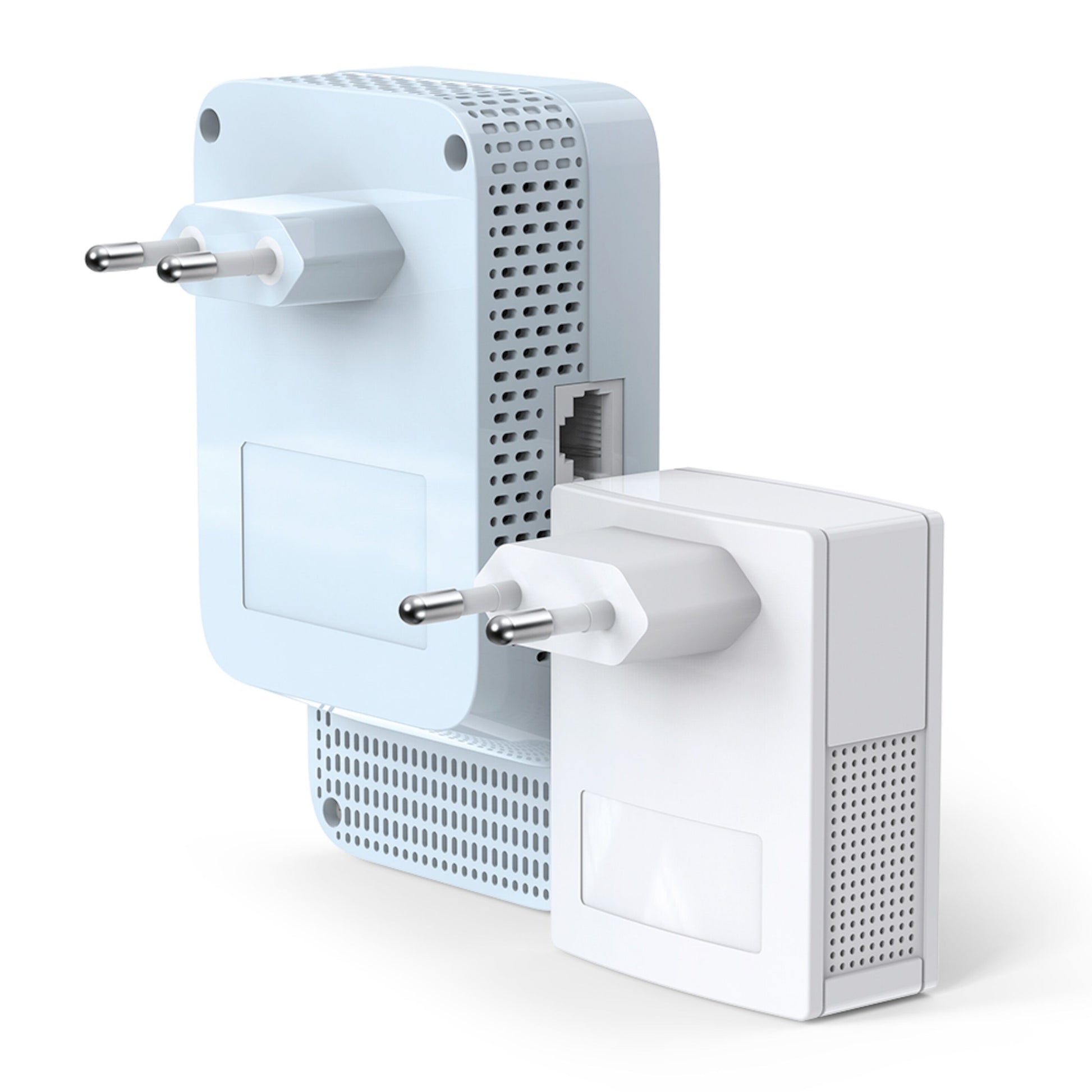 TP-Link TL-WPA7517 KIT Homeplug 1Gb/s 2-pak, hvid EU-stik, enhed med Ethernet-port, synlige ventiler og blanke frontetiketter.