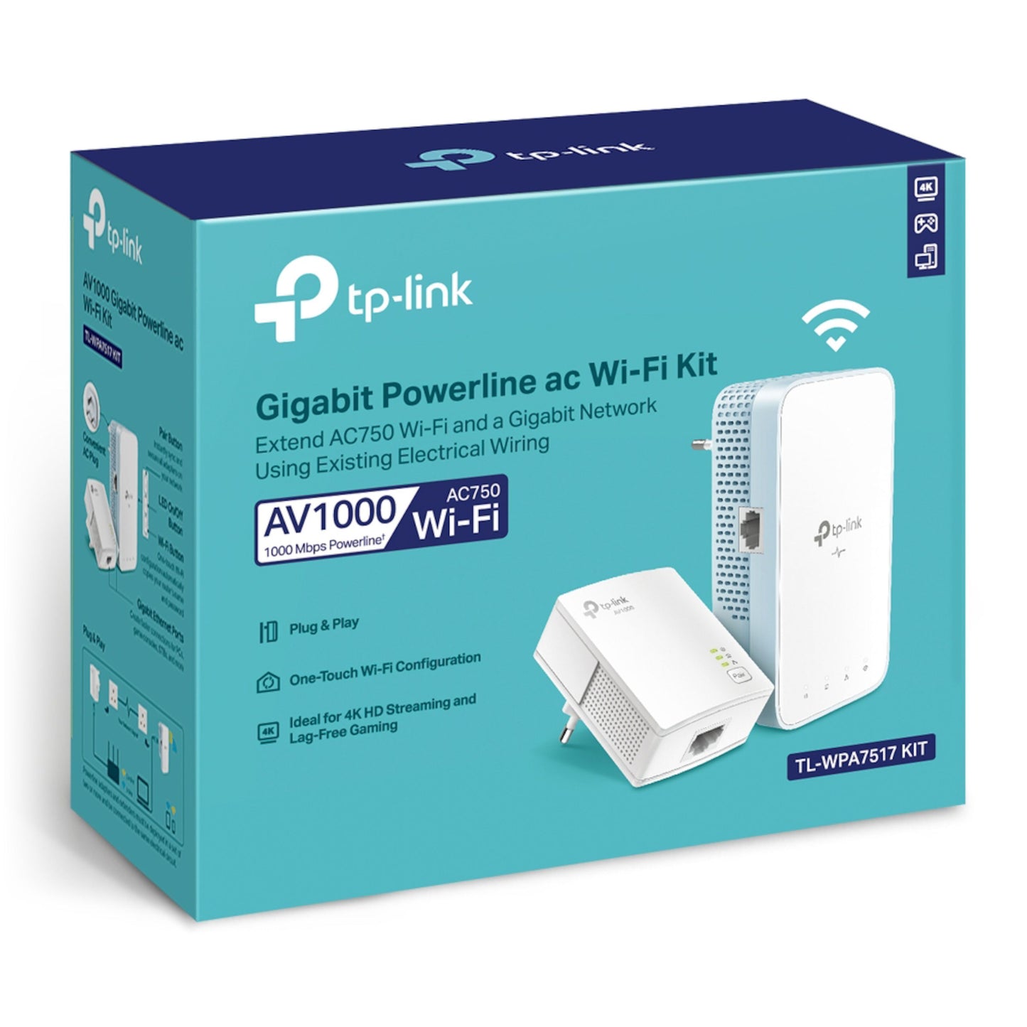 TP-Link TL-WPA7517 KIT 2-pack teal æske, viser 2 enheder og ikoner for AV1000, AC750 Wi-Fi, plug  play, homeplug teknologi.