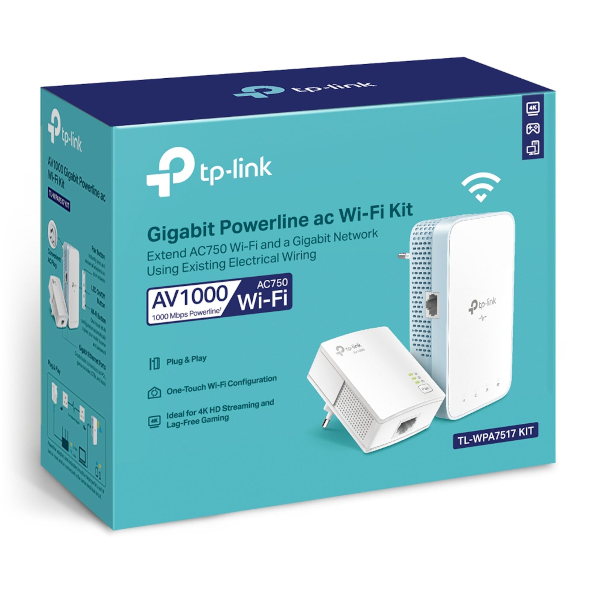 TP-Link TL-WPA7517 KIT 2-pack teal æske, viser 2 enheder og ikoner for AV1000, AC750 Wi-Fi, plug  play, homeplug teknologi.
