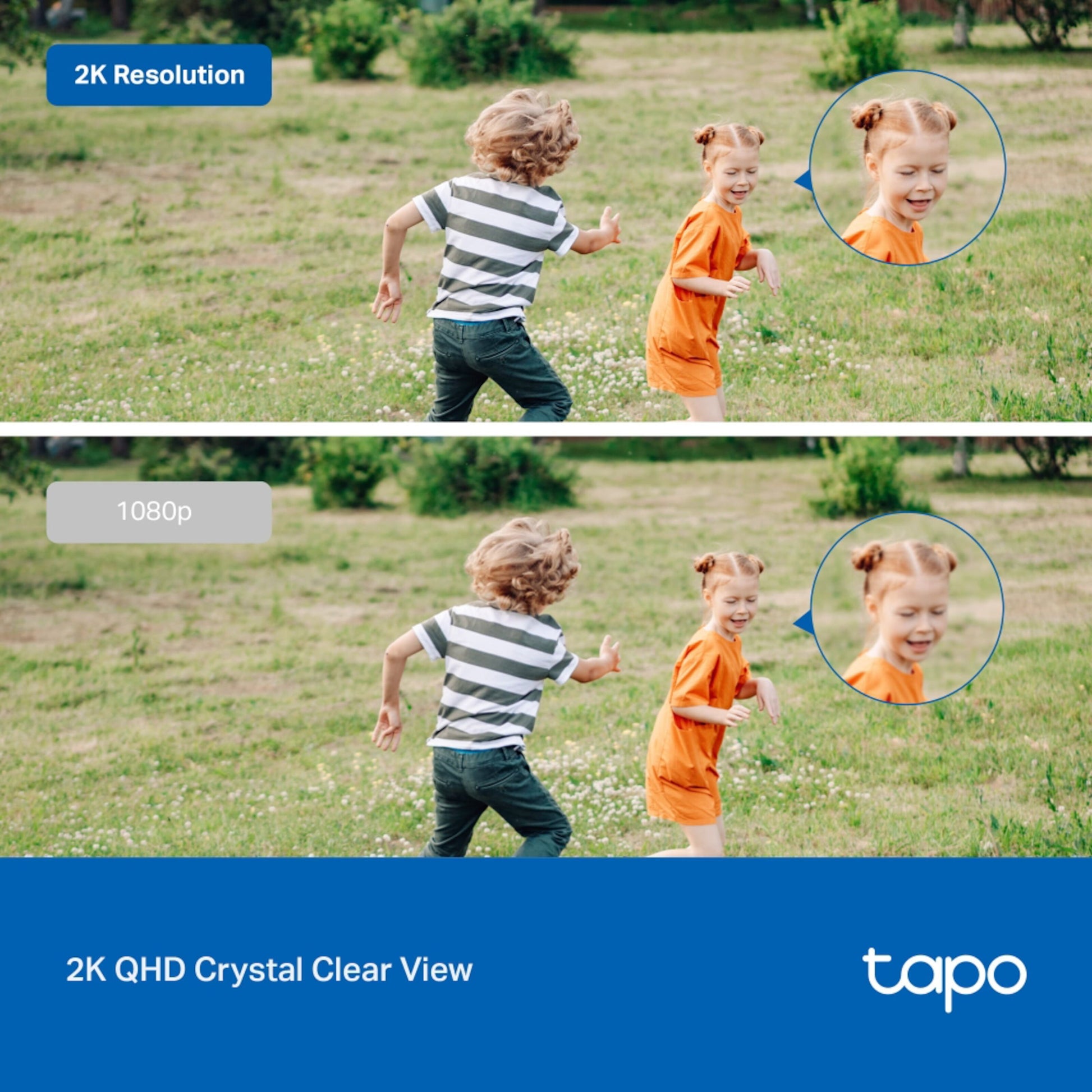 TP-Link Tapo C320WS trådløs overvågningskamera 2K opløsning sammenlignes med 1080p, TP-Link logo nederst.