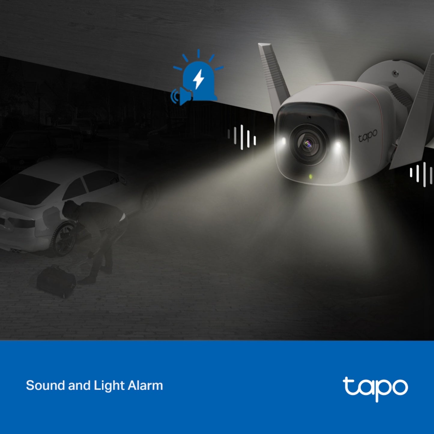 TP-Link Tapo C320WS trådløst overvågningskamera med spotlights, nattesyn, alarmikon og "Sound and Light Alarm"-tekst.