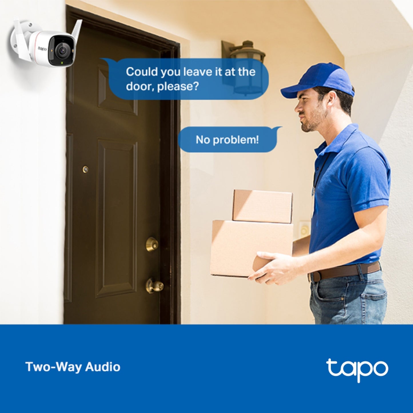 TP-Link Tapo C320WS trådløst overvågningskamera monteret udendørs, tekstboble med Two-Way Audio.