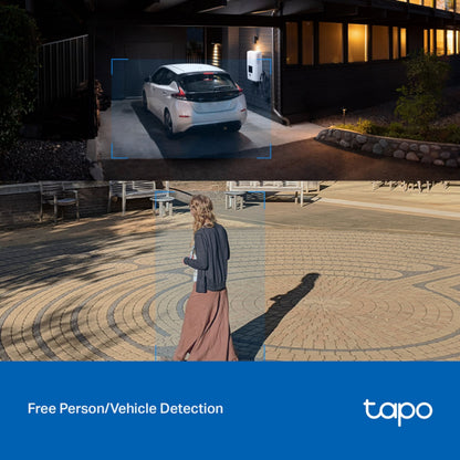 TP-Link Tapo C320WS trådløst overvågningskamera, 2K, blå bokse markerer biler om natten og personer om dagen.