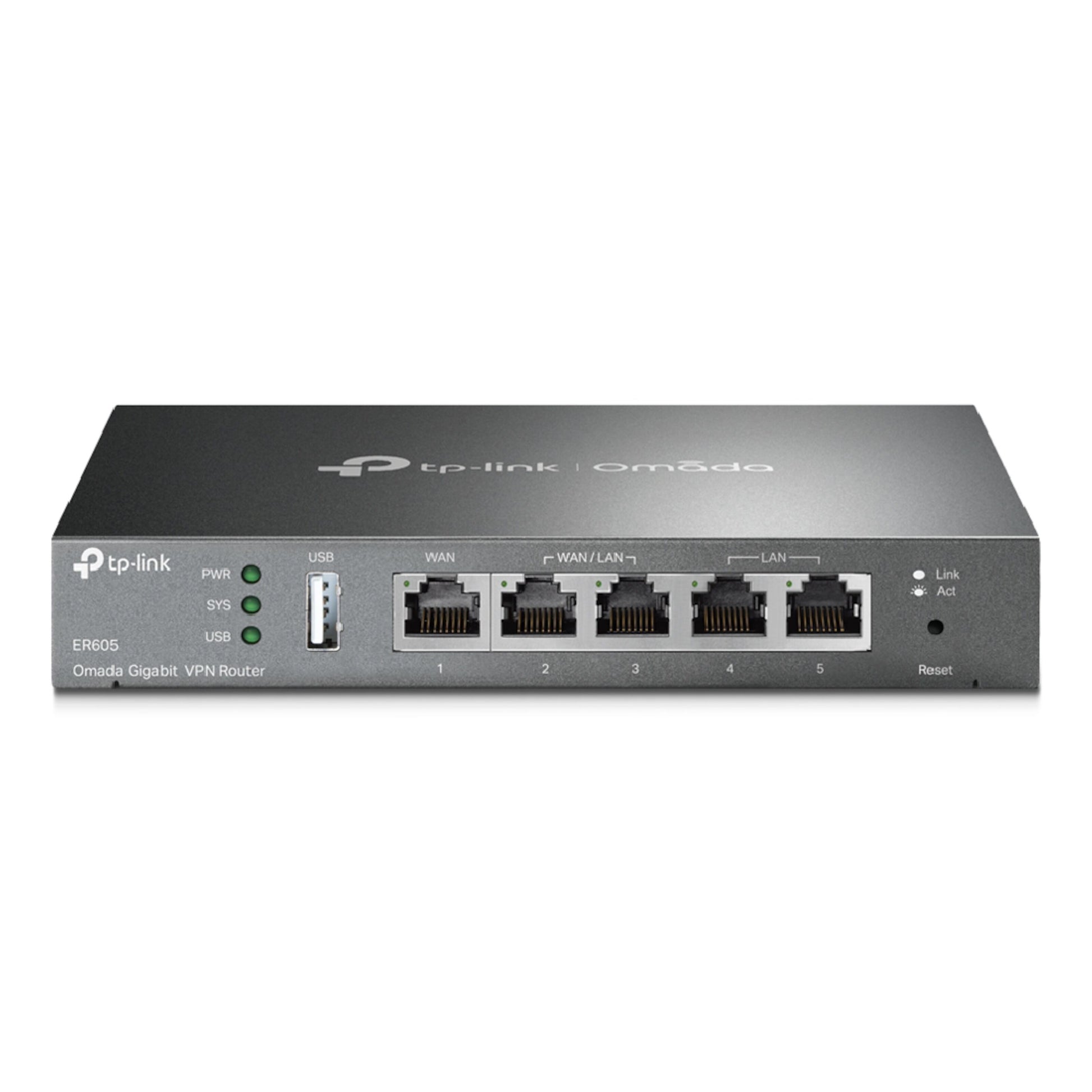 TP-Link Omada ER605 (TL-R605) V2 Gigabit VPN-router, front med 5 Ethernet-porte, USB-port, LED-indikatorer og reset-knap.