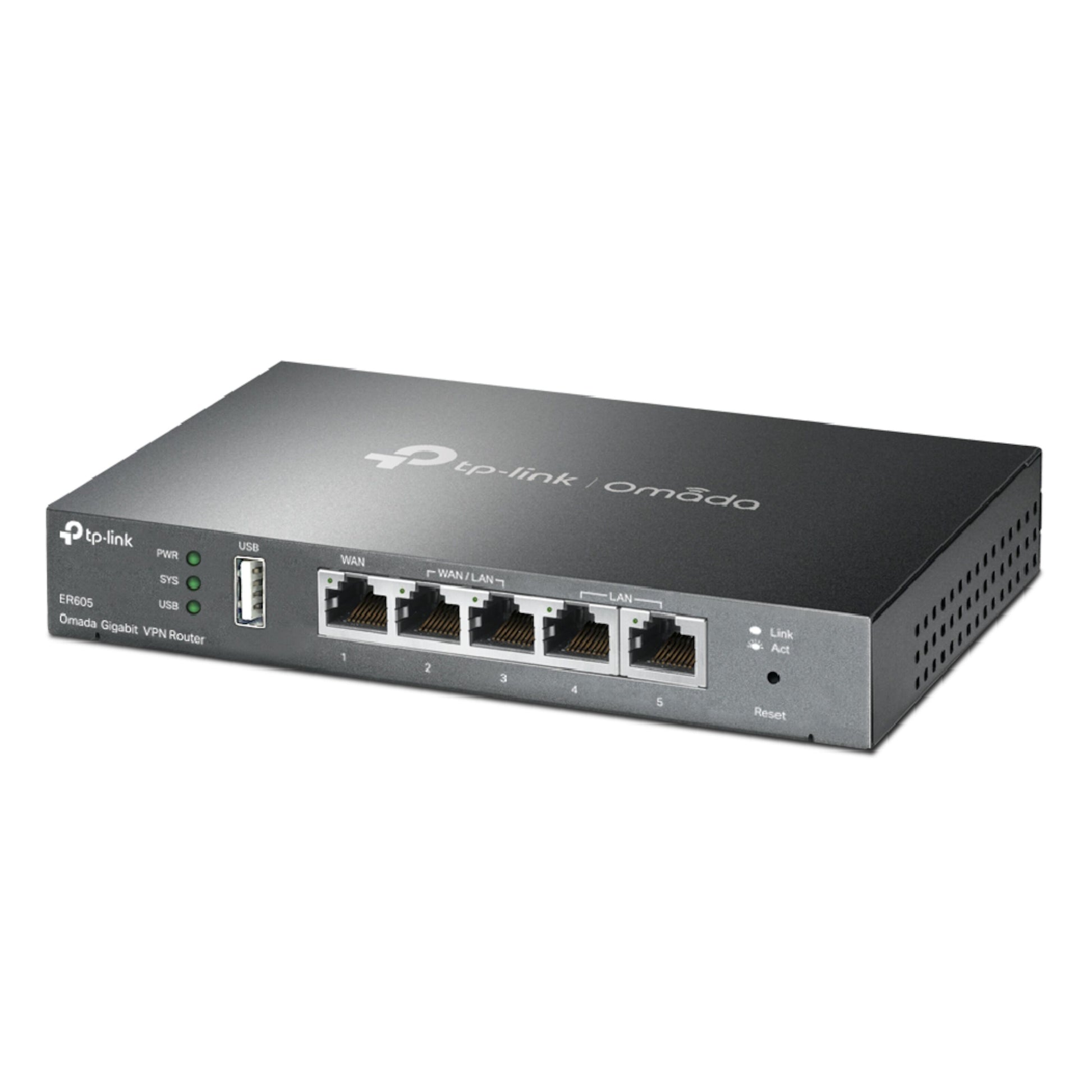 TP-Link ER605 TL-R605 V2 Omada Gigabit VPN router sort med 5 Ethernet-porte, LED-indikatorer, USB-port og logo på toppen.