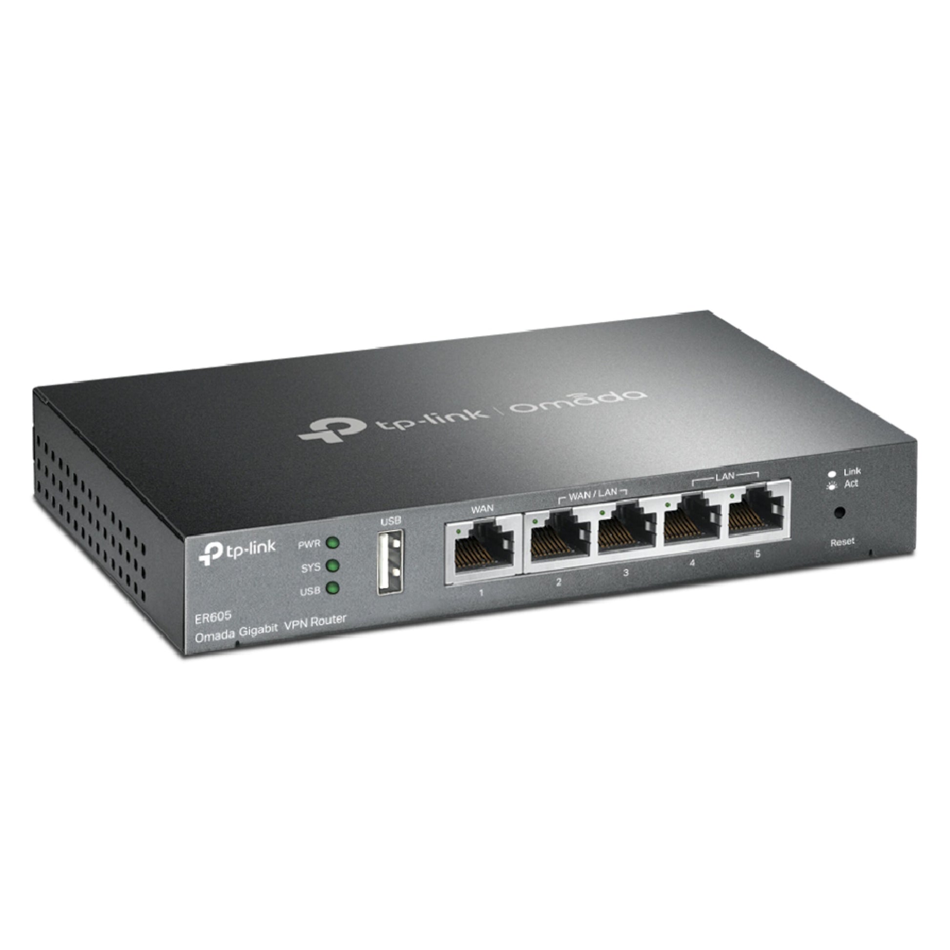 TP-Link ER605 (TL-R605) V2 Omada Gigabit VPN Router med 5 ethernet-porte, USB-port, indikatorlys og TP-Link-logo.