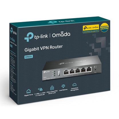 TP-Link ER605 (TL-R605) V2 Omada Gigabit VPN Router i blå æske med billedet af enheden, load balancing og VPN nævnt.