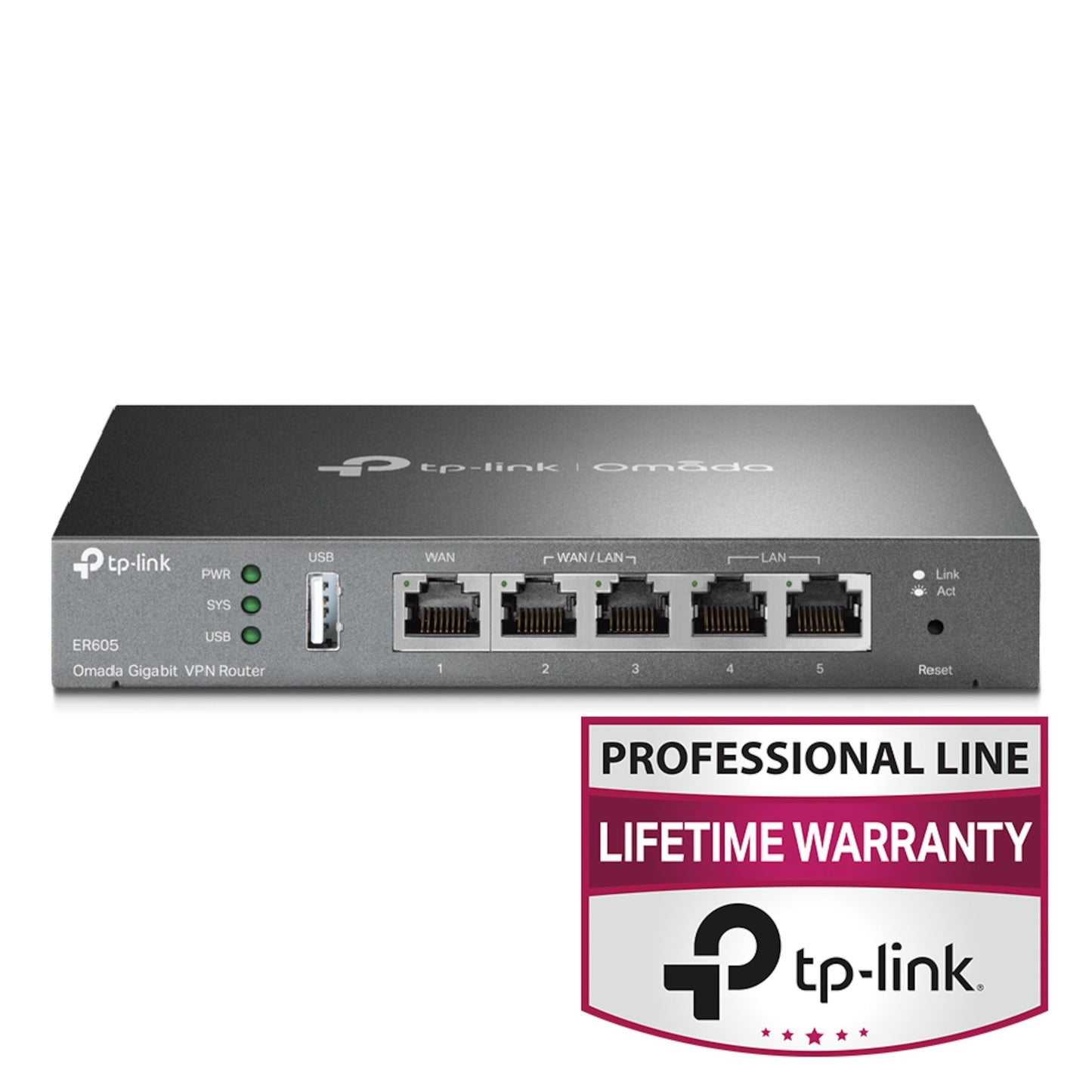 Tp-Link ER605 (TL-R605) V2 Omada Gigabit VPN Router front, 5 Ethernet-porte, indikatorlys, Professional Line badge med logo.