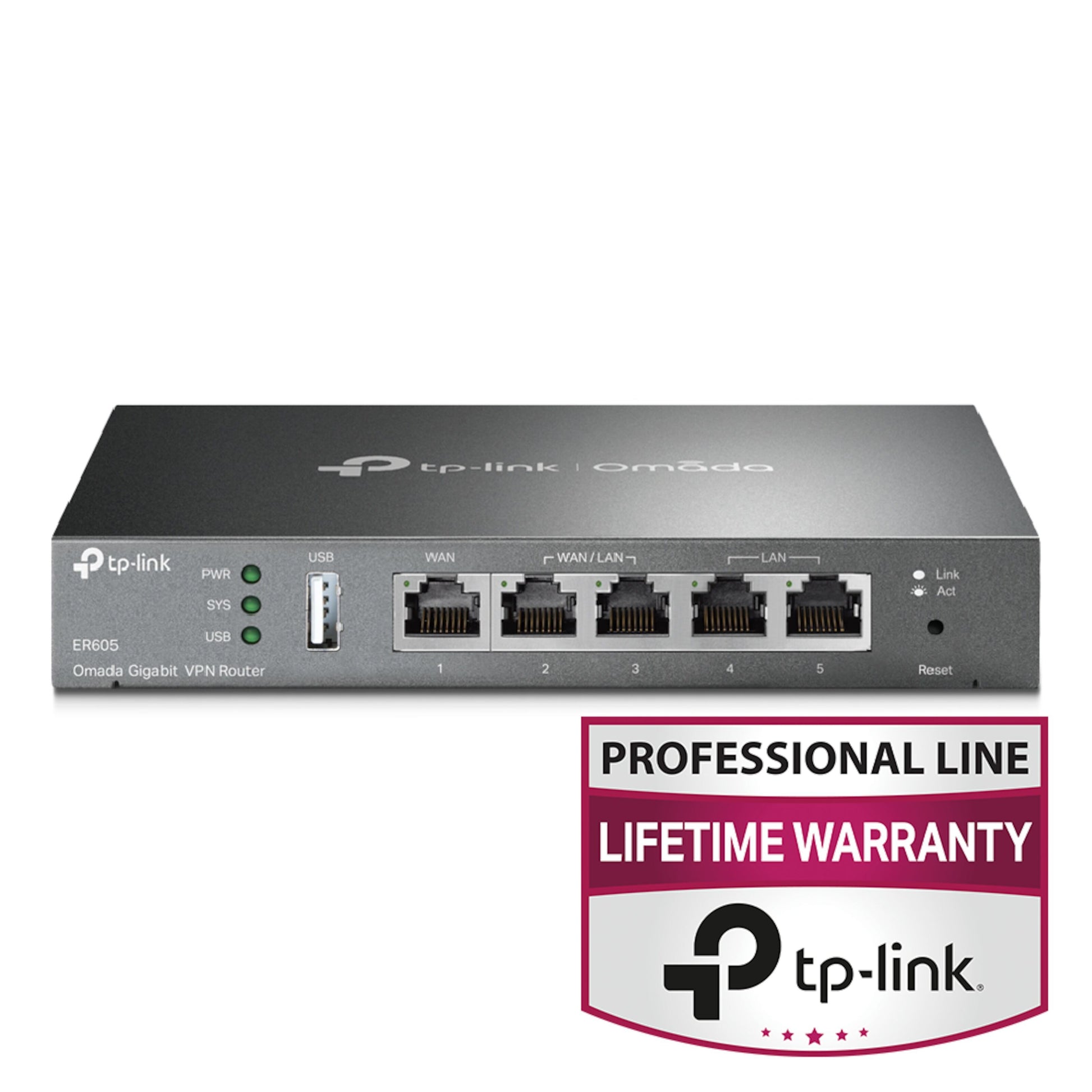 Tp-Link ER605 (TL-R605) V2 Omada Gigabit VPN Router front, 5 Ethernet-porte, indikatorlys, Professional Line badge med logo.
