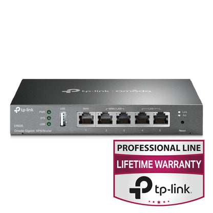 Tp-Link ER605 (TL-R605) V2 Omada Gigabit VPN Router front, 5 Ethernet-porte, indikatorlys, Professional Line badge med logo.