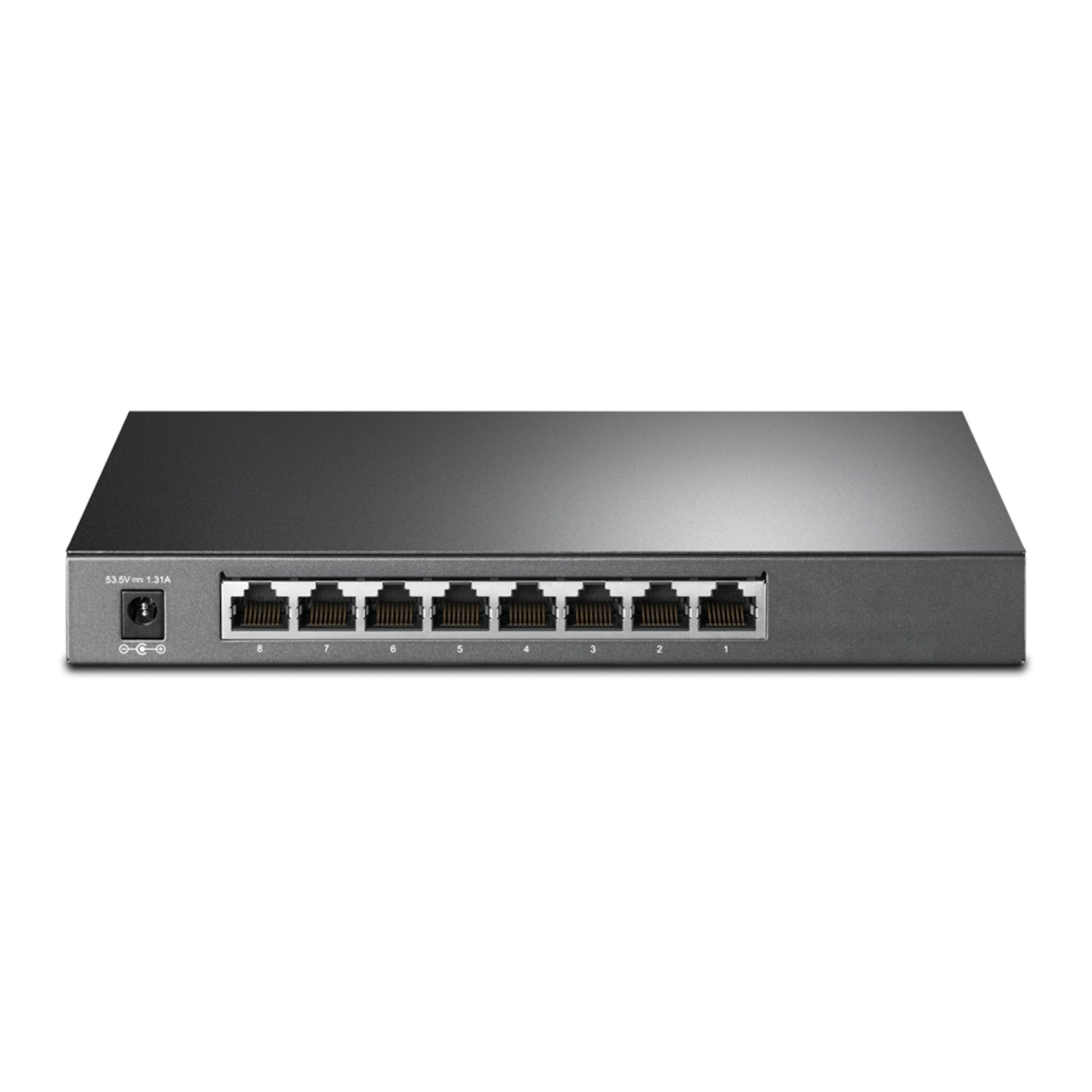 TP-Link TL-SG2008P 8-port gigabit switch i mørkegrå metal med 4 PoE+ porte, nummererede RJ45 (1-8), strømstik foran.