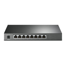 TP-Link TL-SG2008P 8-port gigabit switch i mørkegrå metal med 4 PoE+ porte, nummererede RJ45 (1-8), strømstik foran.