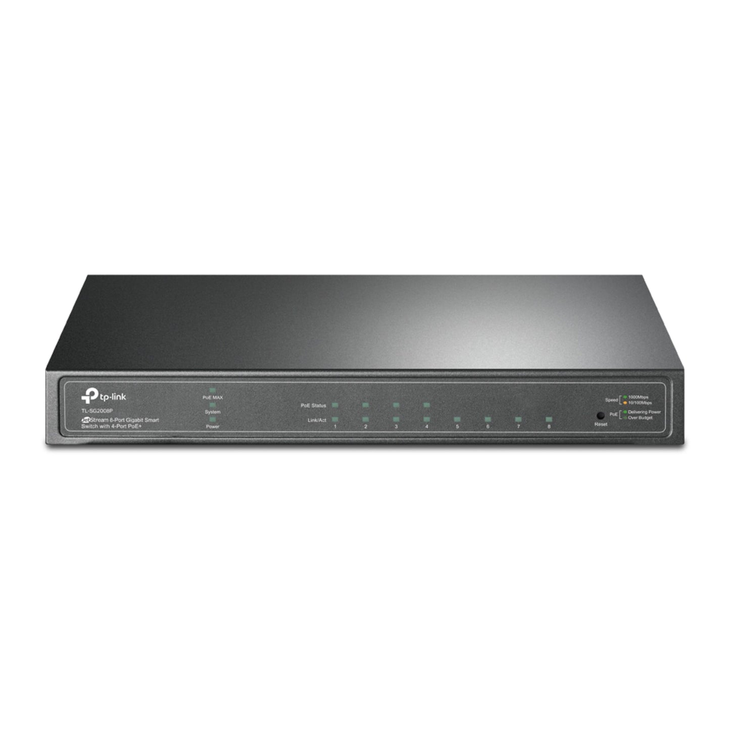 TP-Link TL-SG2008P gigabit switch, sort, 8 porte inkl. 4 PoE+, LED-indikatorer, Ethernet-switch.