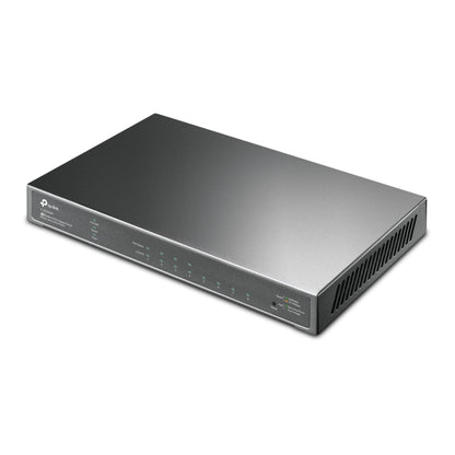 TP-Link TL-SG2008P sort gigabit managed switch med 8 porte inkl. 4 PoE+ og flere indikatorlys.