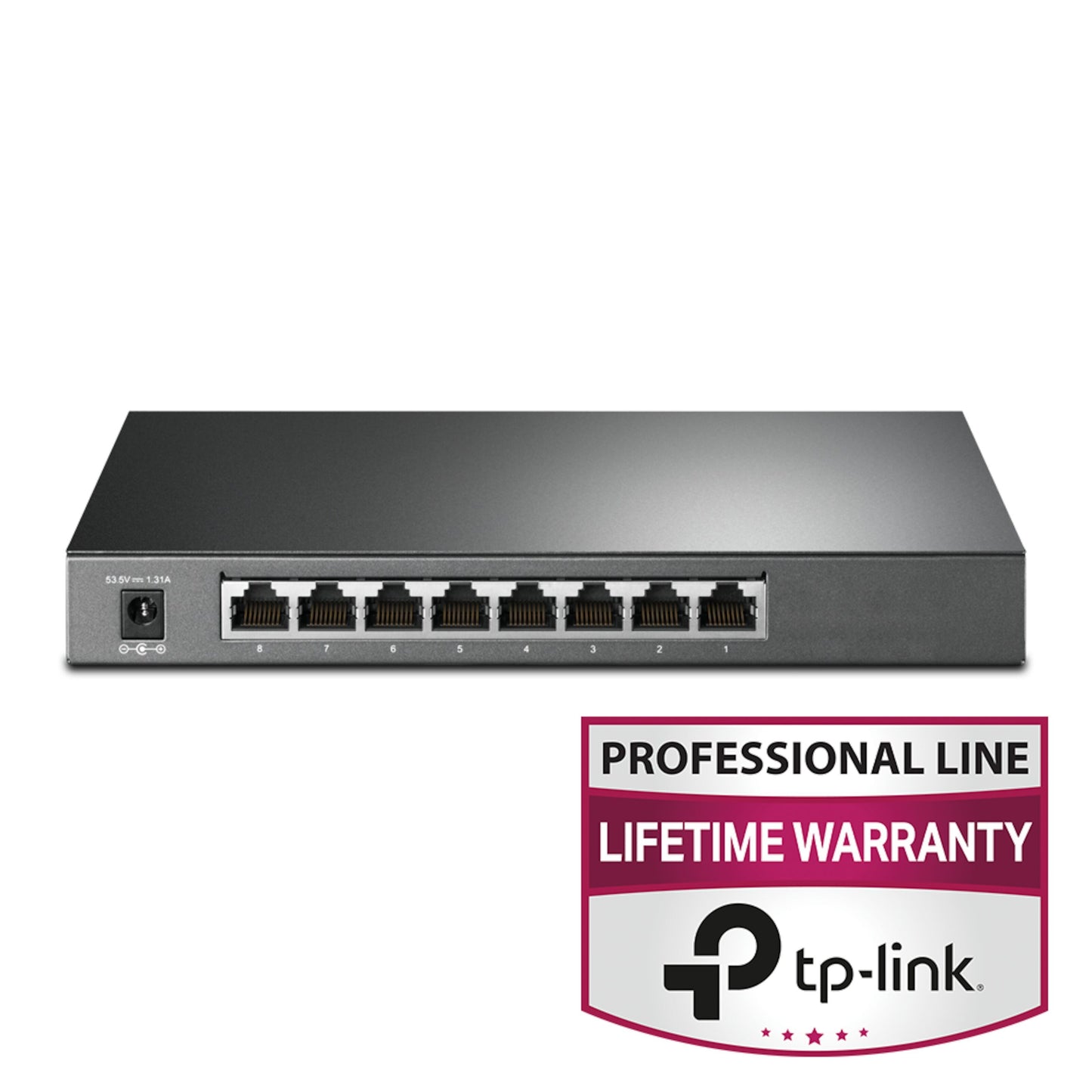 TP-Link TL-SG2008P administrerbar gigabit-switch, 8 porte (4 PoE+), front, badge: PROFESSIONAL LINE LIVSTIDSGARANTI.