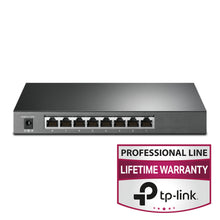 TP-Link TL-SG2008P administrerbar gigabit-switch, 8 porte (4 PoE+), front, badge: PROFESSIONAL LINE LIVSTIDSGARANTI.