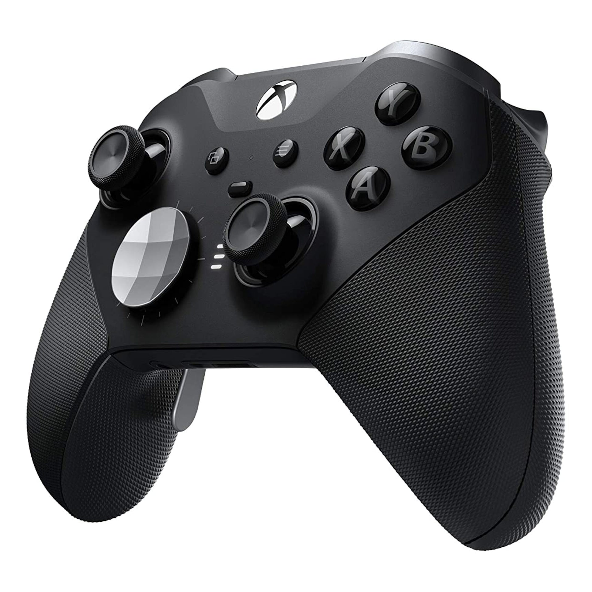 Xbox Elite Series 2 trådløs controller sort med teksturerede greb, to analoge pinde, D-pad og A/B/X/Y knapper, let vinklet.