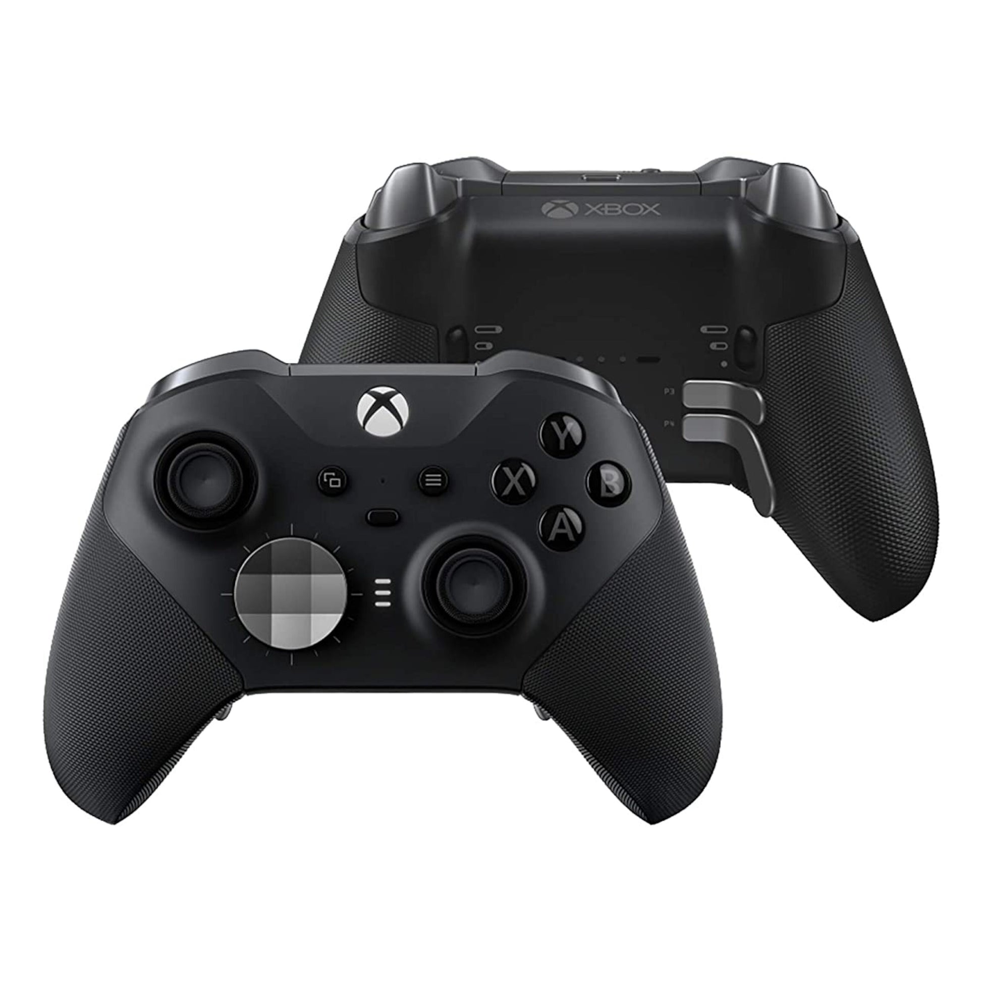 Xbox Elite Series 2 Trådløs controller, front med knapper og D-pad, bagside med tekstureret greb og paddle-knapper.
