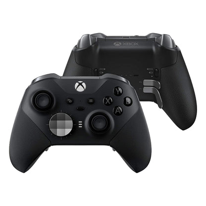 Xbox Elite Series 2 Trådløs controller, front med knapper og D-pad, bagside med tekstureret greb og paddle-knapper.