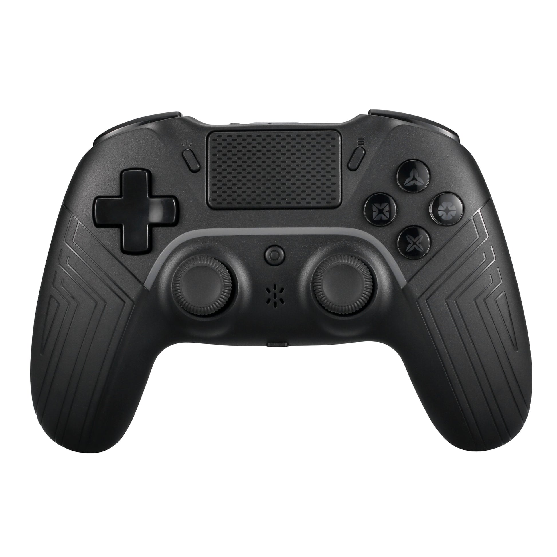 Deltaco Trådløs håndkontrol PS4/PC Sort, tekstureret greb, to analoge pinde, D-pad, fire knapper og touchpad set oppefra.