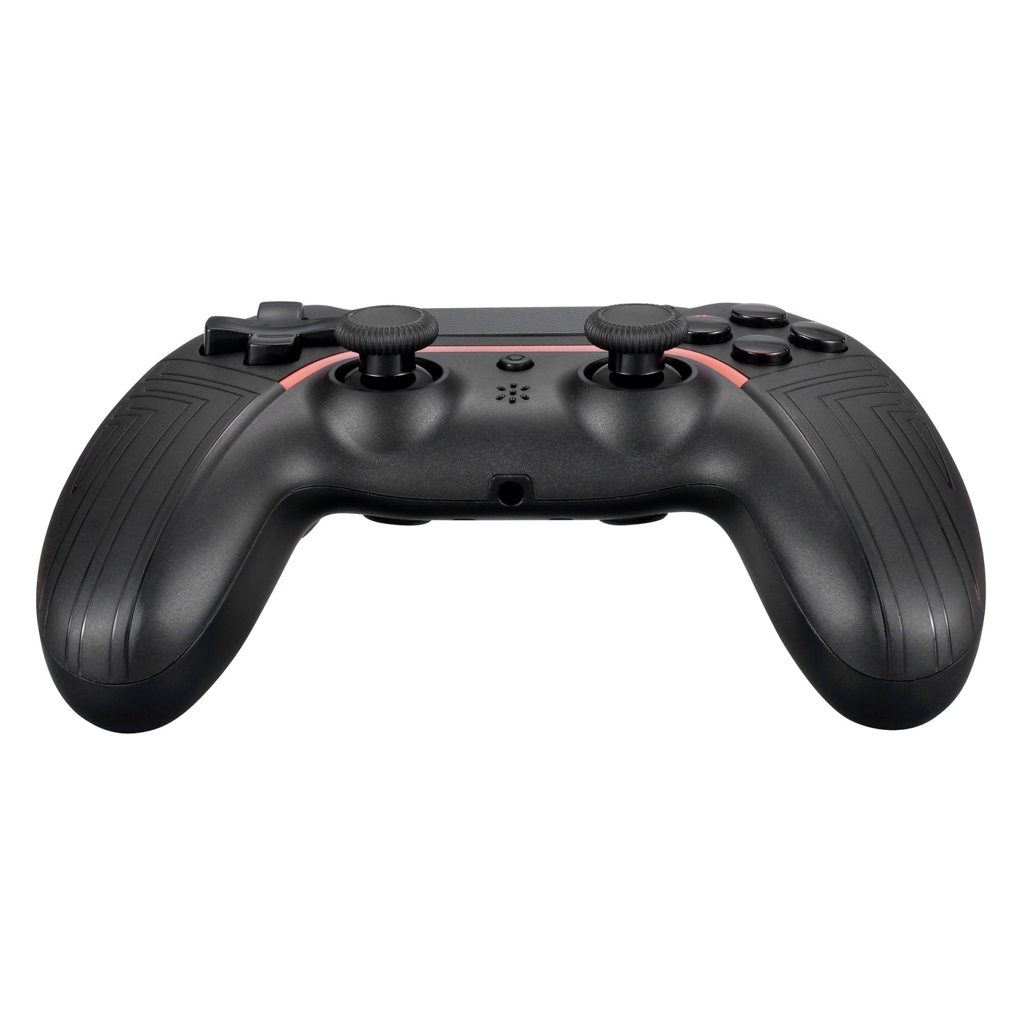 Deltaco Gaming trådløs håndkontrol til PS4/PC, sorteret med rød kant, to analog-sticks, D-pad og knapper sat forfra.