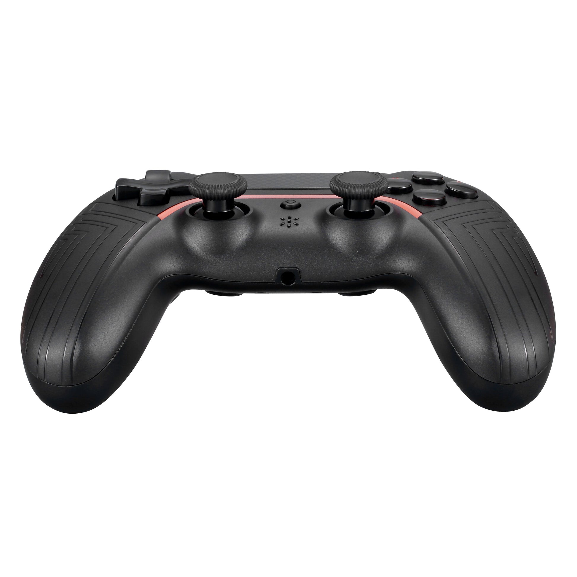 Deltaco Gaming trådløs håndkontrol til PS4/PC, sorteret med rød kant, to analog-sticks, D-pad og knapper sat forfra.