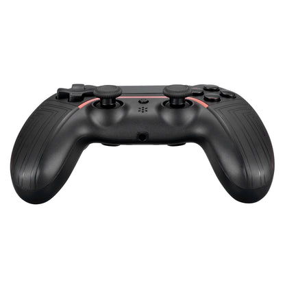 Deltaco Gaming trådløs håndkontrol til PS4/PC, sorteret med rød kant, to analog-sticks, D-pad og knapper sat forfra.