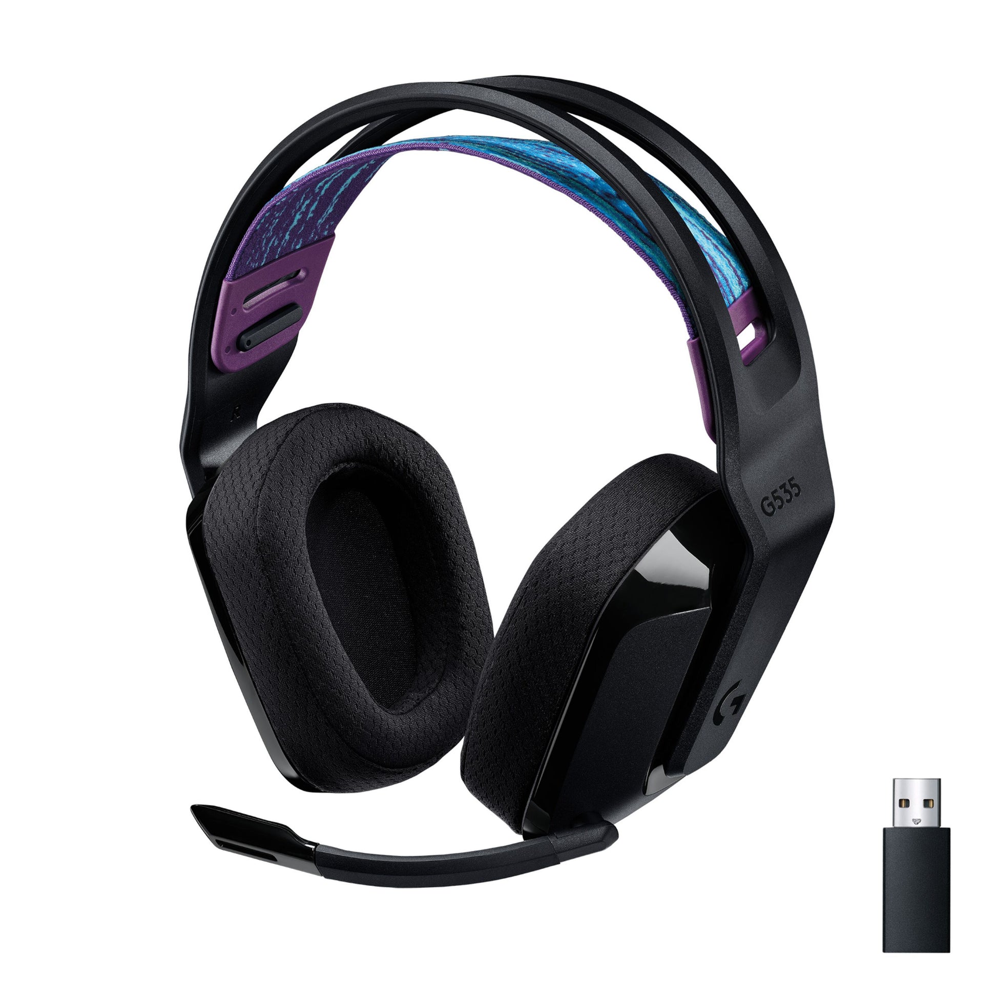 Logitech G 535 Lightspeed trådløst gamingheadset sort, polstrede ørepuder, justerbar bøjle m. blå/lilla detaljer, mikrofon, USB-dongle.