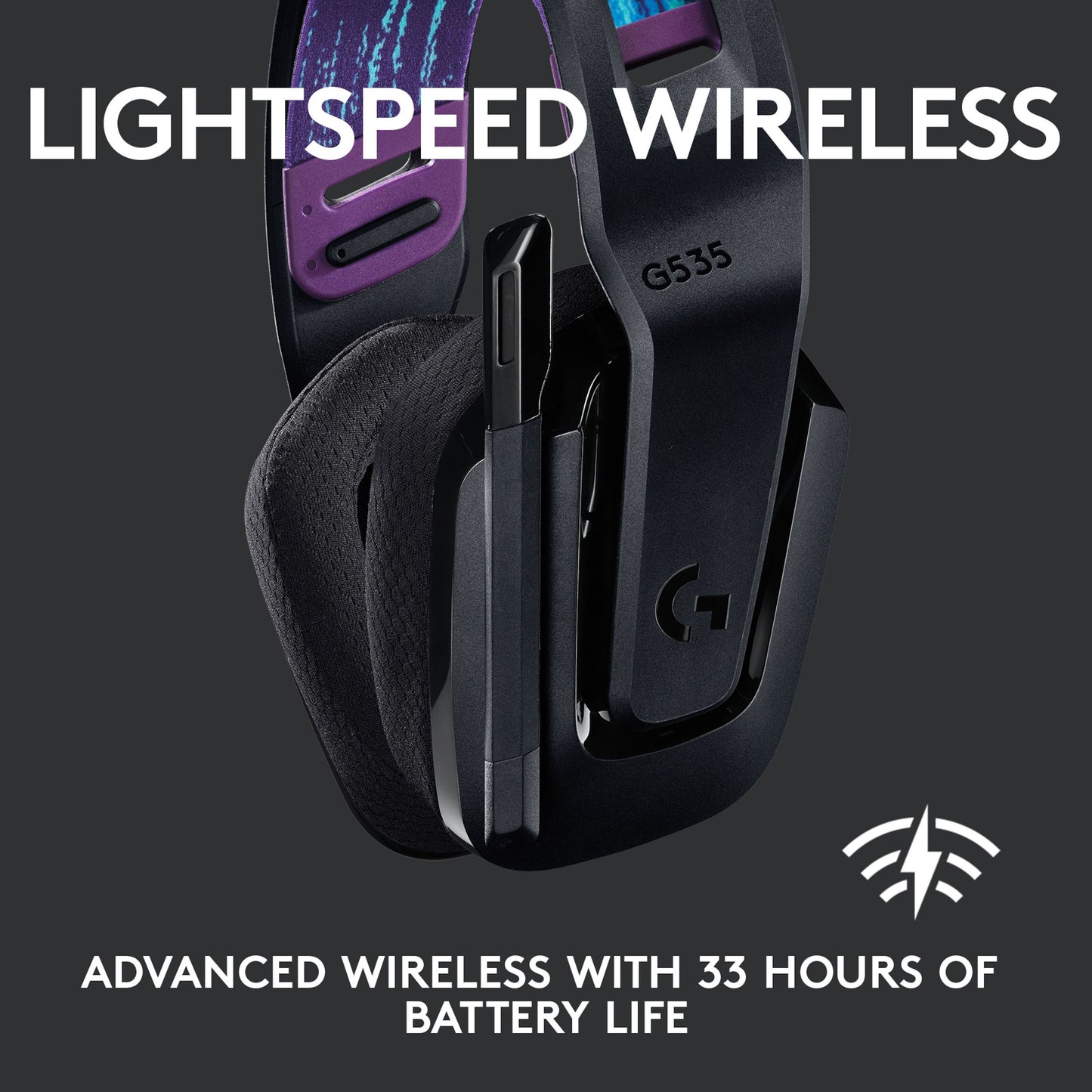 Logitech G535 Lightspeed trådløst gamingheadset, farverig hovedbøjle, tekst: LIGHTSPEED WIRELESS, 33 timers batteritid.