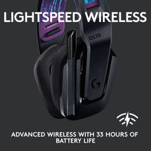 Logitech G535 Lightspeed trådløst gamingheadset, farverig hovedbøjle, tekst: LIGHTSPEED WIRELESS, 33 timers batteritid.