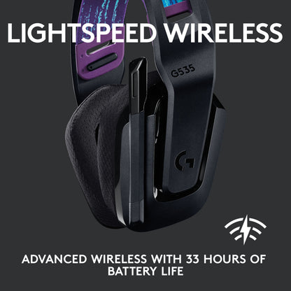 Logitech G535 Lightspeed trådløst gamingheadset, farverig hovedbøjle, tekst: LIGHTSPEED WIRELESS, 33 timers batteritid.
