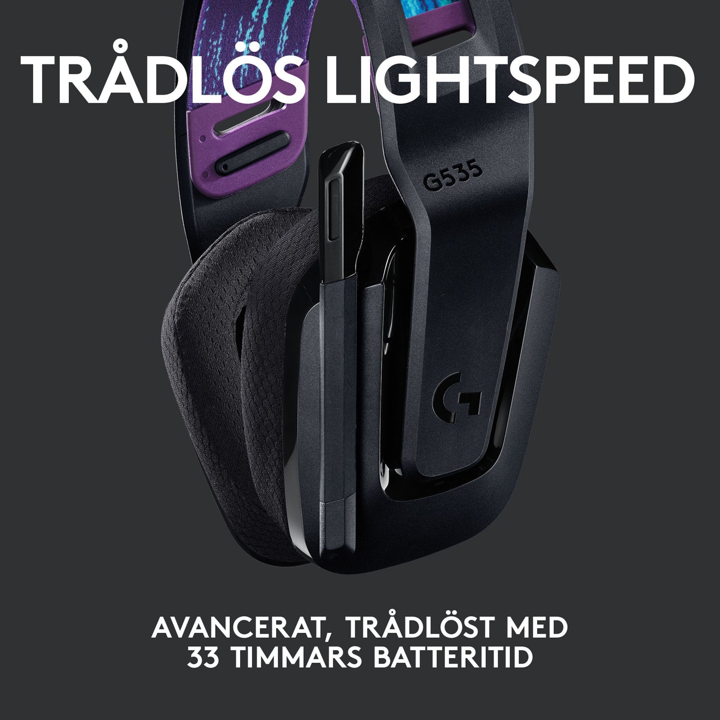 Logitech G 535 Lightspeed trådløst gamingheadset, små detaljer, tekst: TRÅDLÖS LIGHTSPEED, batteritid 33 timer.